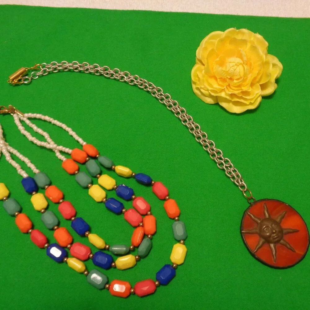 Here Comes the Sun PENDANT Necklace & FRUIT COLORS Multi Statement Piece Lot